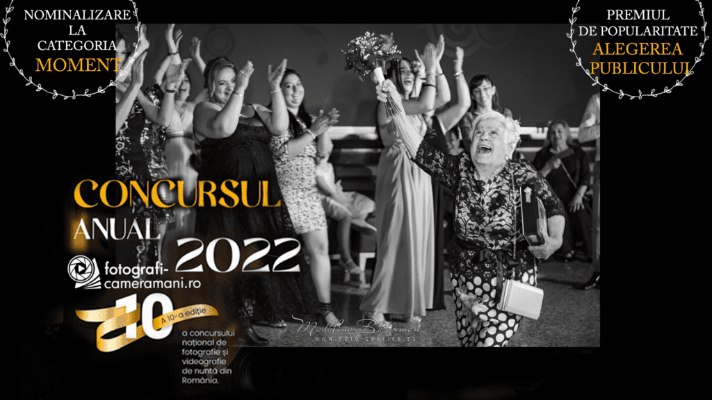 PREMIO DE POPULARIDAD ELECCIÓN PÚBLICA NOMINACIÓN EN EL CONCURSO ANUAL 2022 FOTOGRAFÍA PROFESIONAL DE BODAS DE LA CATEGORÍA MOMENT GANADO POR FOTOGRÁFICA BY MADALINA BASARMAN