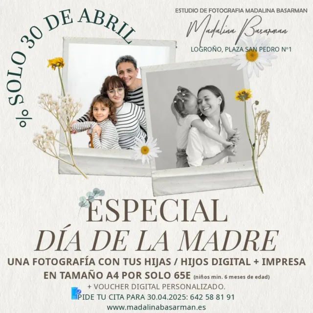 LAS MADRES MERECEN LO MEJOR 
✨ ¡Celebremos el amor infinito entre madres e hijos! ✨ con una experiencia única!
📸 digital + impresa
📍 Dónde: Estudio Fotográfico Madalina Basarman, Logroño, La Rioja 
📅 Cuándo realizamos las sesiones: 30 de Abril de 2025
💰 65e solo para las citas de 30.04.2025 (comprueba las franjas horarias disponibles)
PIDE TU CITA: 642 58 81 91
Las reservas se realizan con el pago previo de la cita.